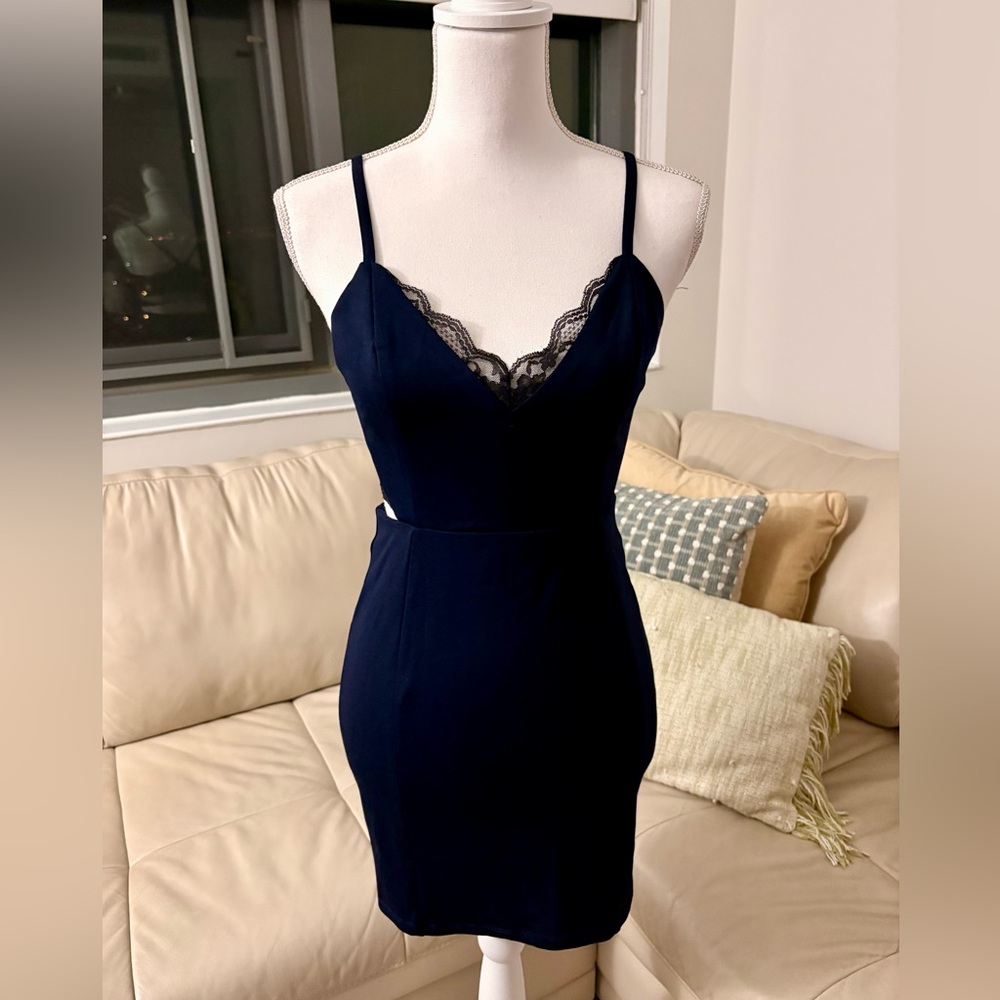 ASOS-Lush Navy Blue Lace Trim Slip Dress
